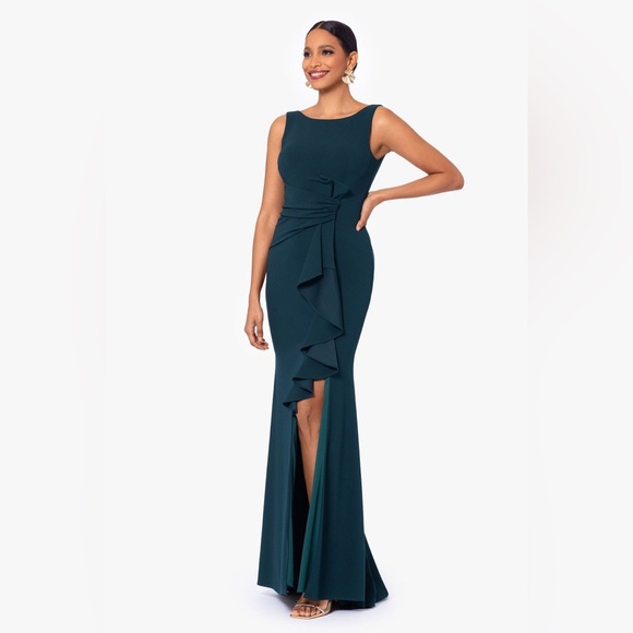 CHRISTINE" SCUBA CREPE RUFFLED BOW GOWN - Picture 5 of 13